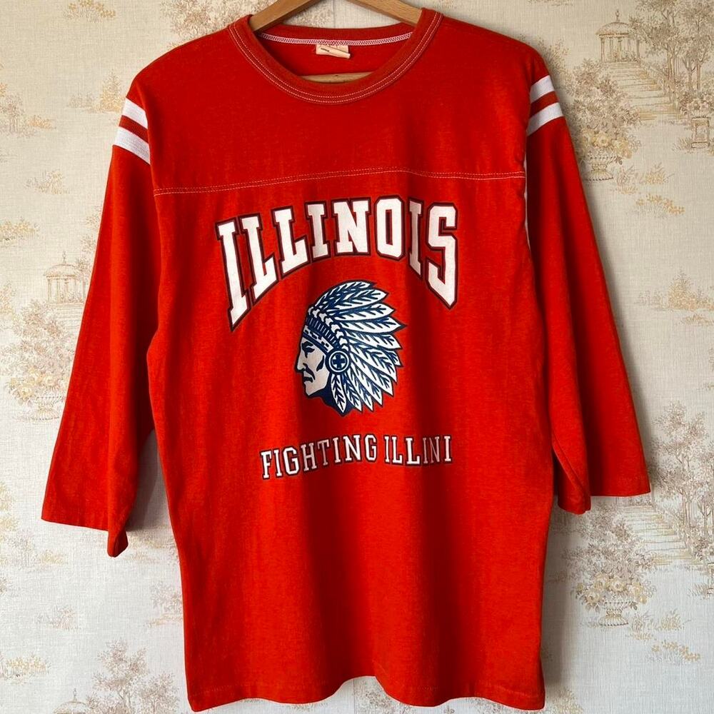 Vintage 70s Fighting Illini Raglan | Chalk Line Chief Illiniwek | Size L 20x28”